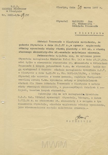 KKE 5630.jpg - Dok. Pismo z Polskich Kolei Państwowych w Olsztynie dla Jana Małyszko dotyczące odmowy w sprawie wypłaty różnicy uposażenia, Olsztyn, 30 III 1957 r.